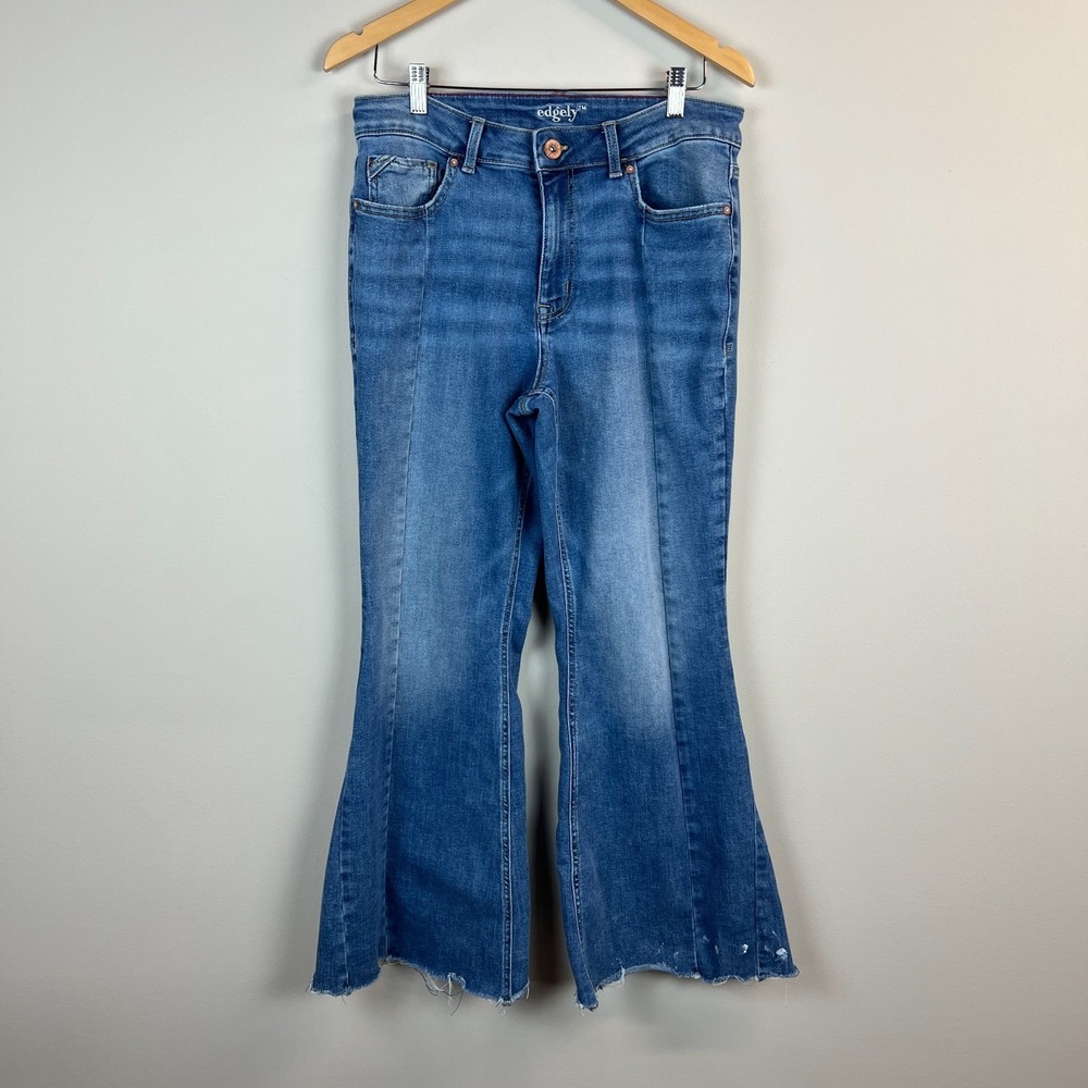 Edgely High Rise Flare Jeans 14 Short Blue Front Seam Retro Raw Hem Boho Maurice